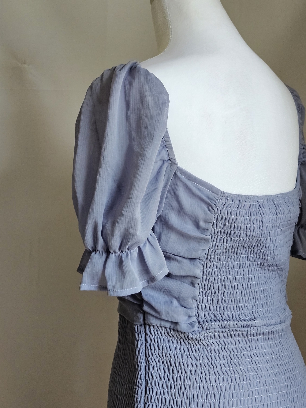 SHE + SKY Periwinkle Blue Smocked Bodycon Mini Dress Chiffon Ruched Bust Size S - Picture 6 of 15